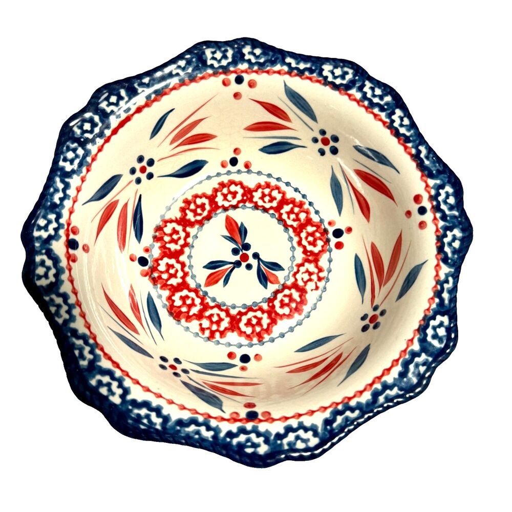 Temp-tations Old World Fireworkfetti red wht blu hand-painted, 7 soup bowls